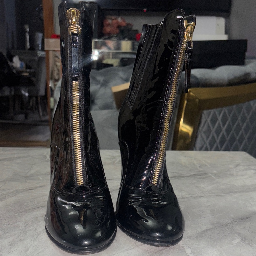 Valentino Black Patent Leather Ankle Boots with Gold Zipper